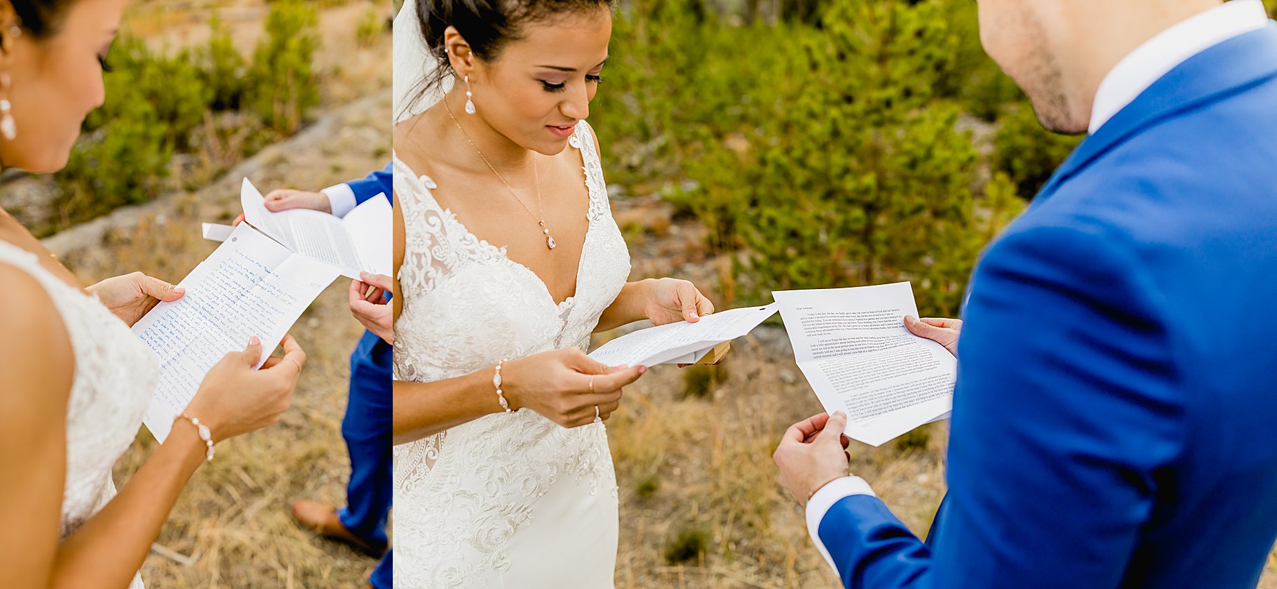 Bride and groom share letters and gifts before their Sapphire Point elopement ceremony with gorgeous mountains and trees in the background, captured by Lauren Casino Photography, a Colorado elopement photographer