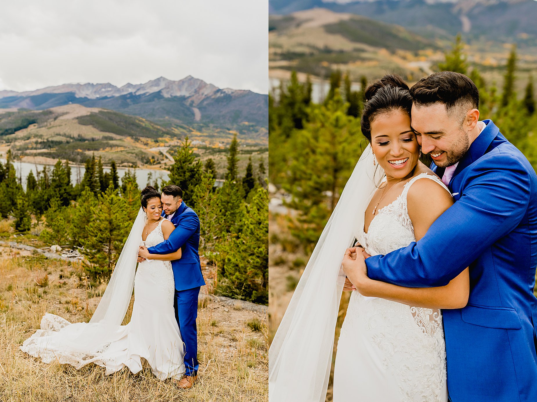 Bride and groom embrace at Sapphire Point for their breckenridge fall elopement with stunning mountain and aspen views, captured by Lauren Casino Photography, a Colorado elopement photographer