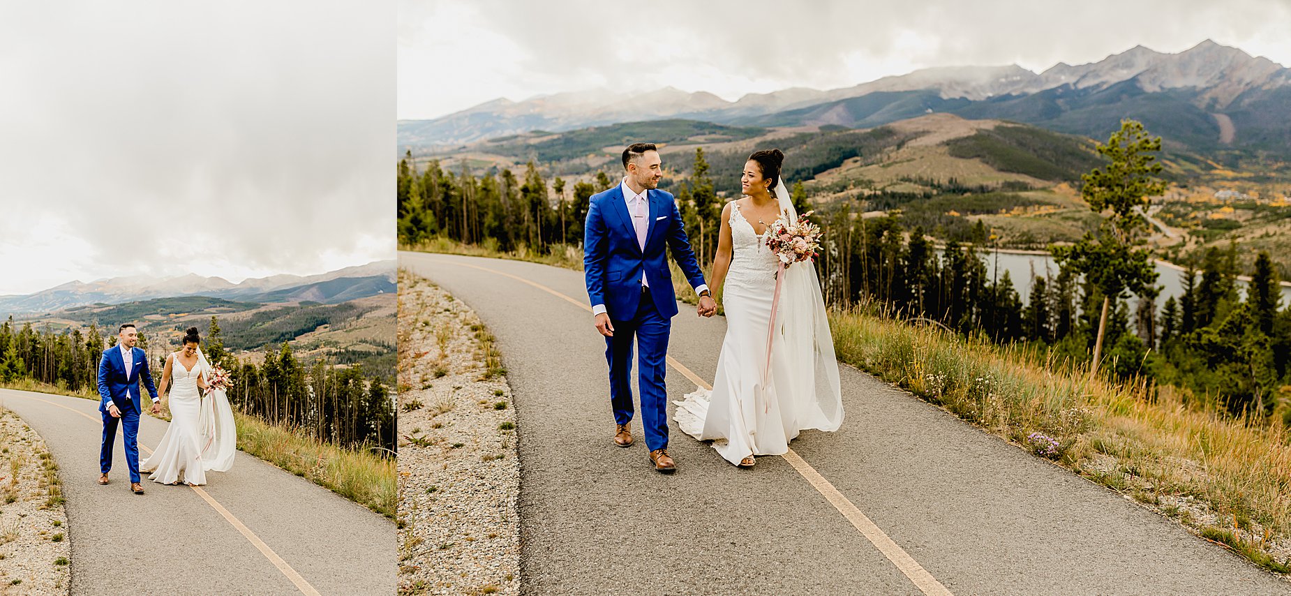 Bride and groom walk at Sapphire Point for their breckenridge fall elopement with stunning mountain and aspen views, captured by Lauren Casino Photography, a Colorado elopement photographer