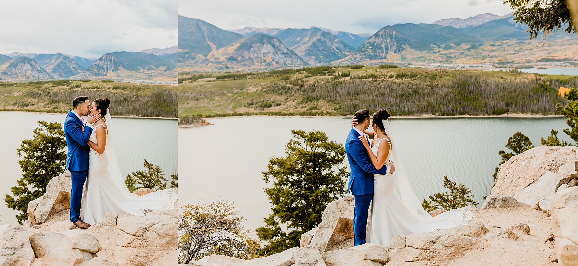 Bride and groom climb on rocks for their Sapphire Point fall elopement with beautiful mountain and lake views behind them