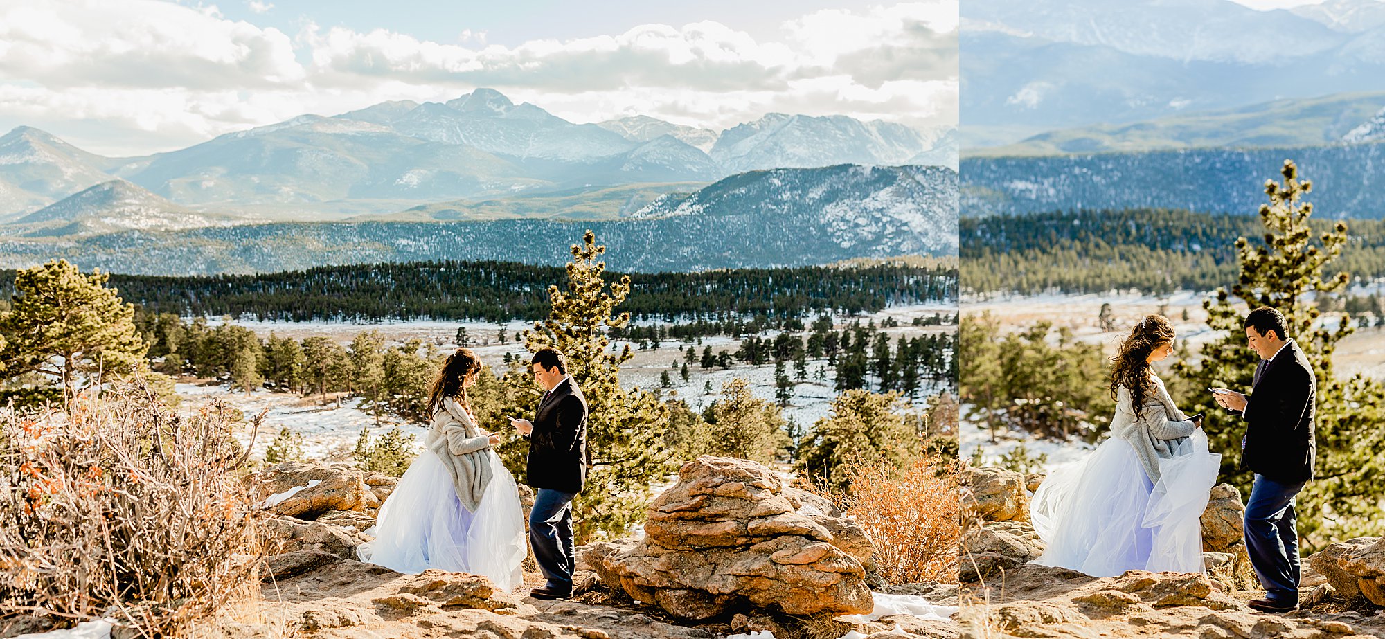 couple shares vows at 3m curve in rocky mountain national park with a beautiful mountain view in the background, photo by lauren casino photography