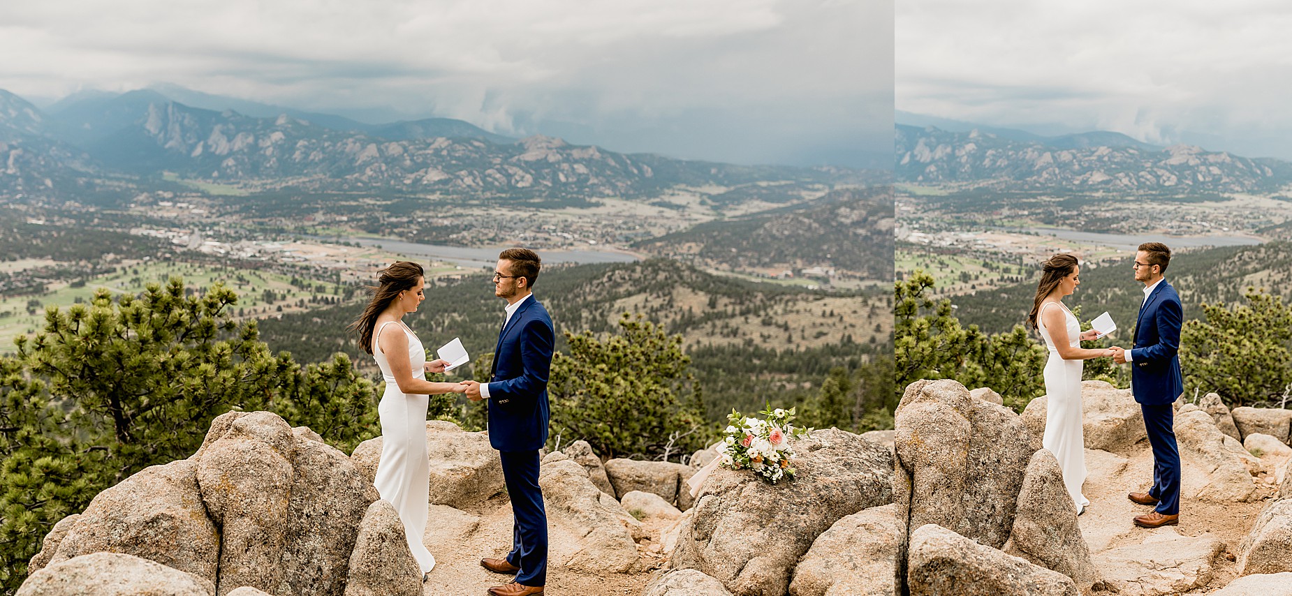 Bride and groom share vows with gorgeous Rocky Mountain views in the background for their Colorado hiking elopement