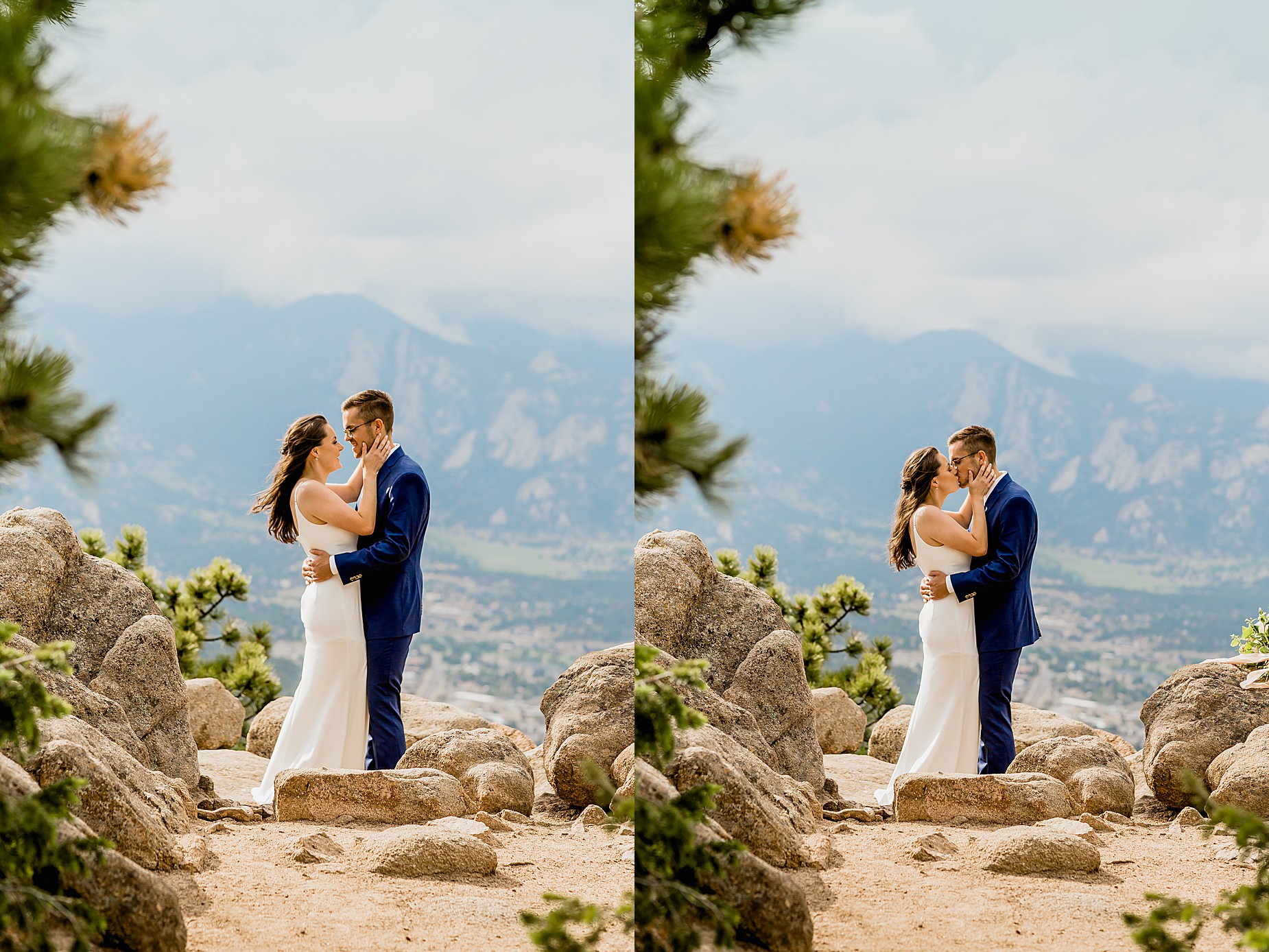 Bride and groom embrace with gorgeous views of the Rocky Mountains for their Colorado hiking elopement