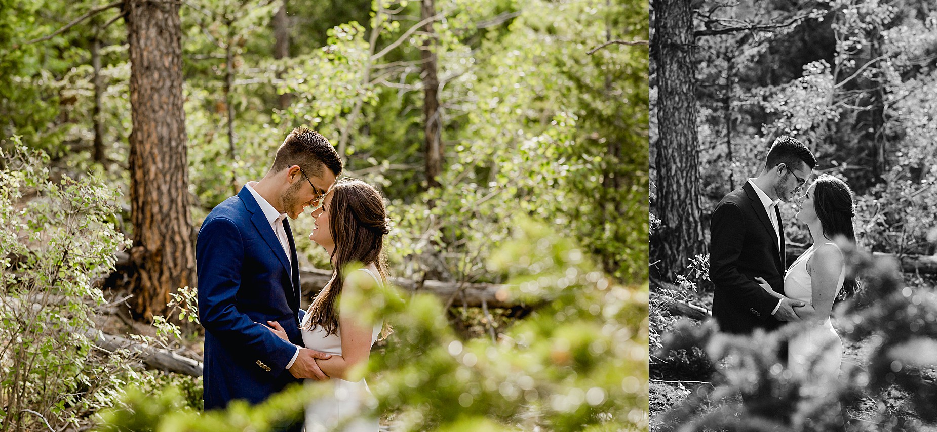 Bride and groom dance in the forest for their Colorado hiking elopement