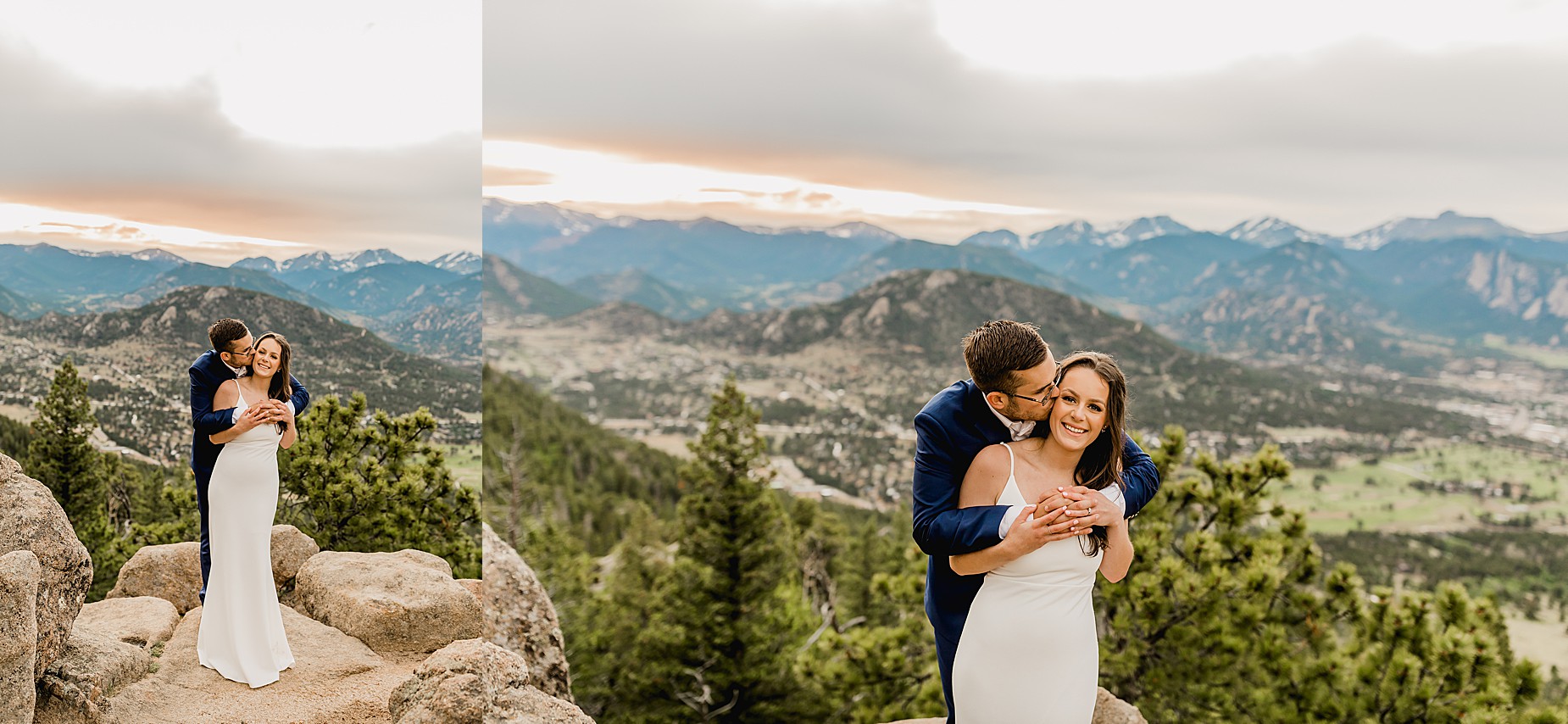 Couple spends their hiking elopement together with gorgeous Colorado Rocky Mountain Views in the background on a moody day
