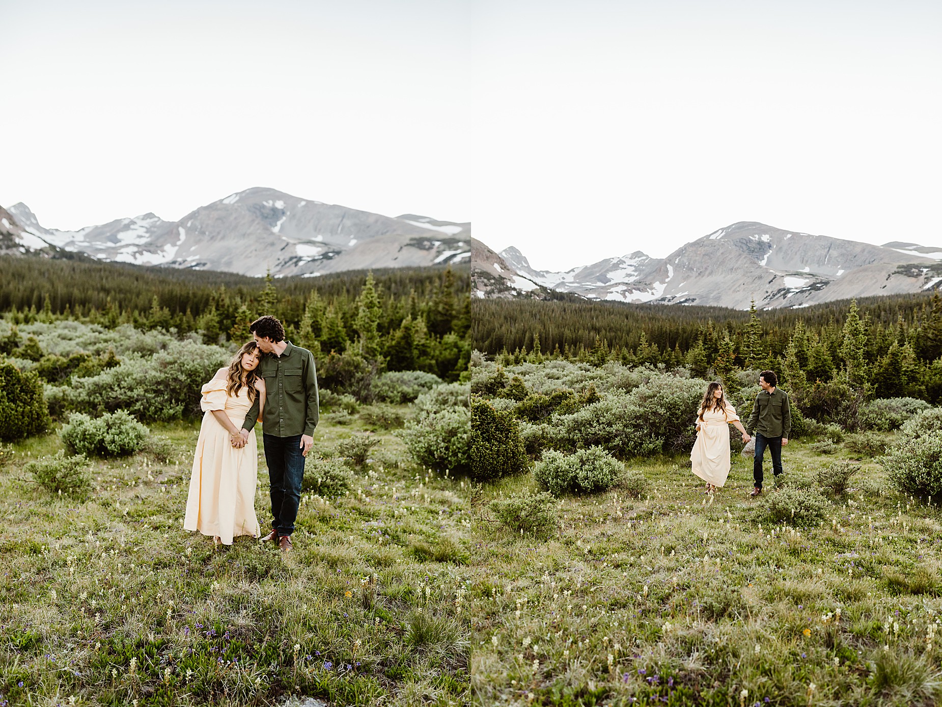 Couple takes anniversary photos in the Rocky Mountains in front of gorgeous alpine lake surrounded by greenery and wildflowers